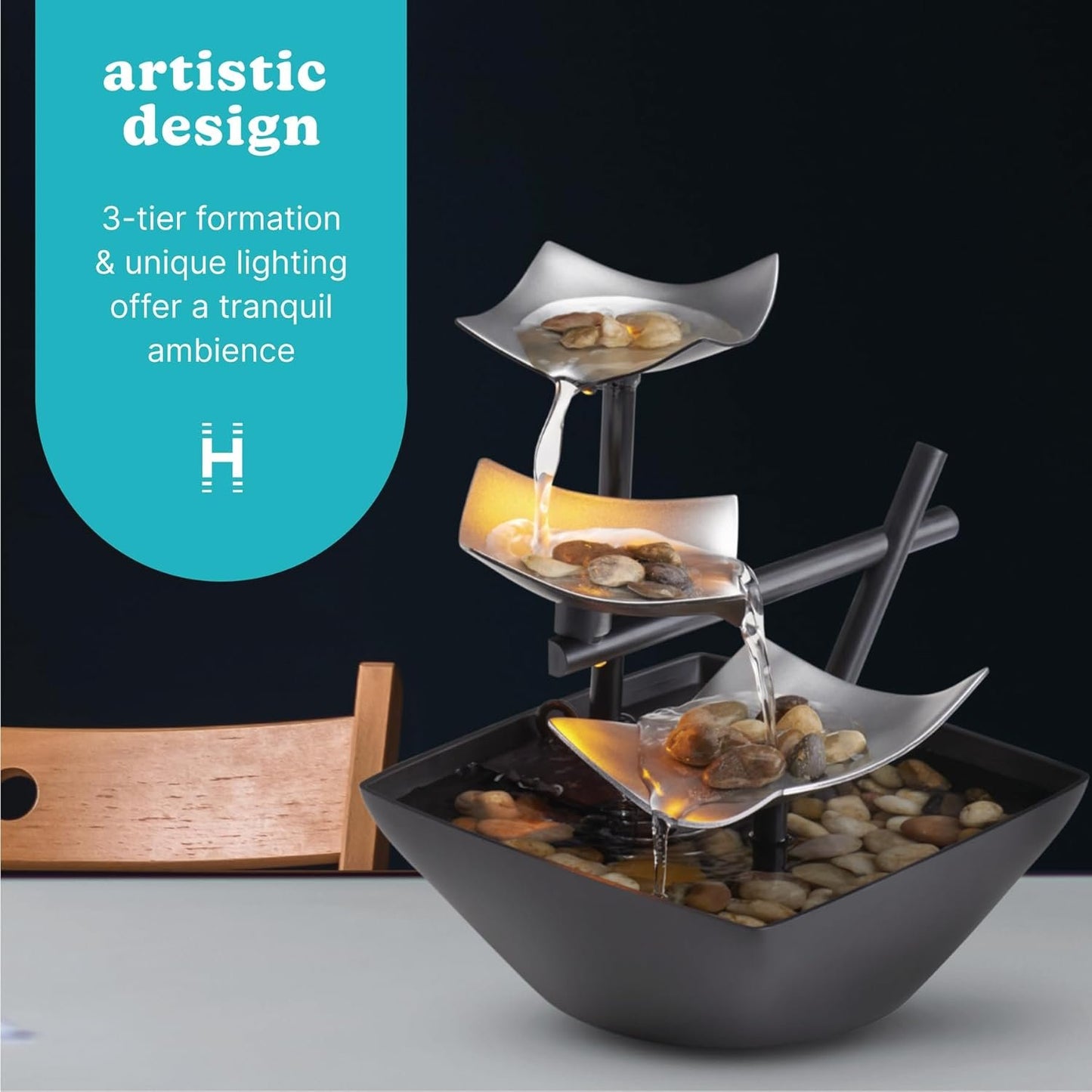 HoMedics Indoor 3-Tier Relaxation Tabletop Fountain, Automatic Pump with Power Switch, Extra Deep Basin with Natural River Rocks and Reflective Lighting Feature, EnviraScape Silver Springs