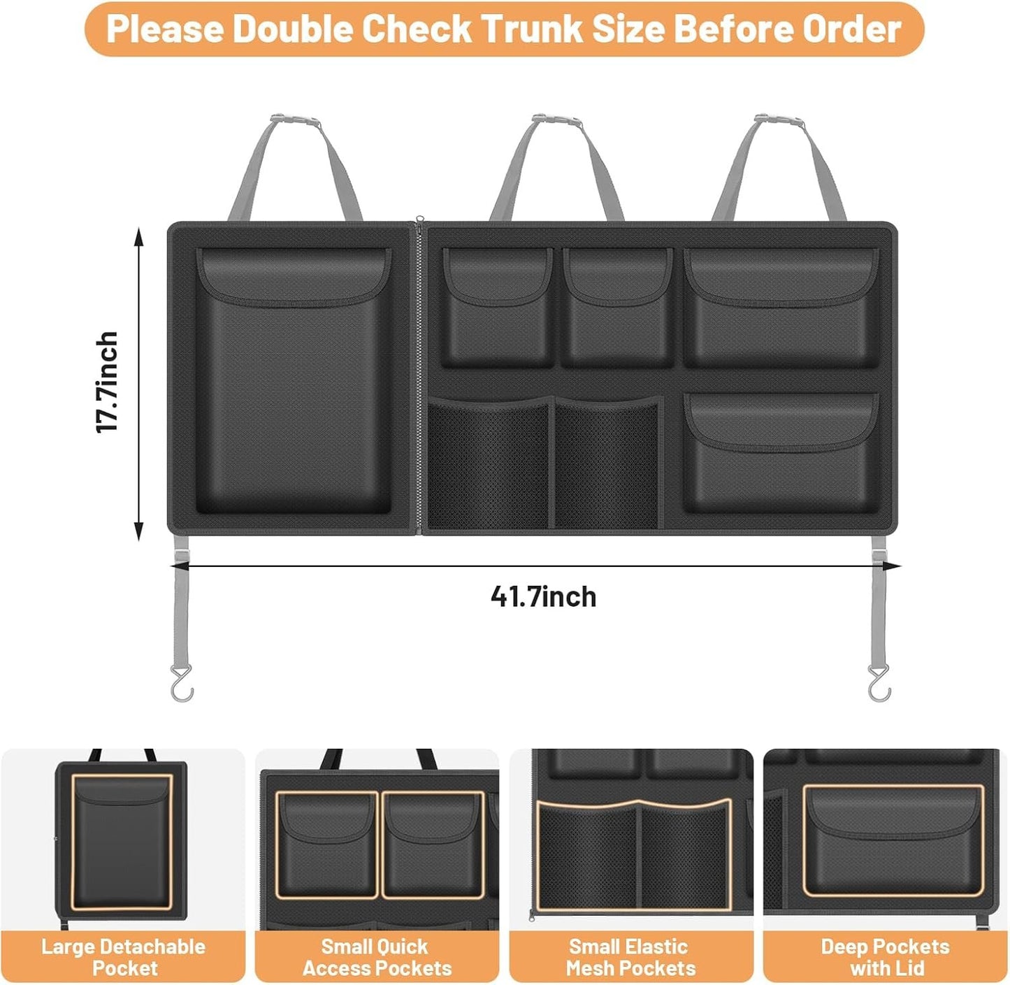 Automiim Detachable Hanging Trunk Organizer, Foldable Car Trunks Organizer Back Seat Hangings with 7 Large Compartments, Hanging Trunk Organizer for SUVs, Jeeps, Hatchbacks