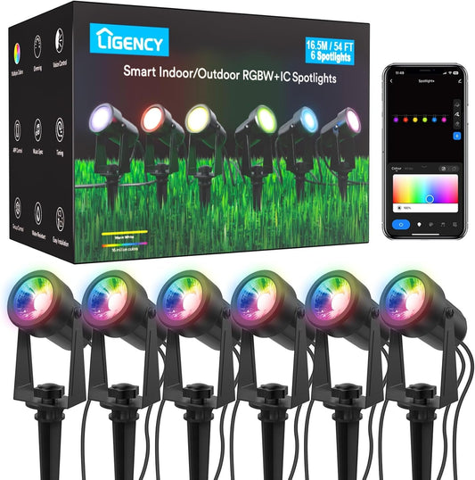 6-Pack Smart RGBW Outdoor Landscape Spotlights – 12V Low Voltage IP65 Weatherproof LED Uplights, App/Voice (Alexa/Google) & Remote Control, Auto Timer, Music Sync for Garden Yard Patio
