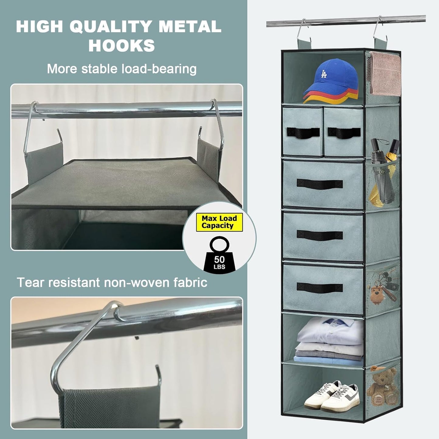 VERONLY 7-Shelf Hanging Closet Organizer with 5 Different Drawers, Hanging Closet Shelves Storage and 8 Mesh Pockets, Closet Organization and Storage for Wardrobe, Underwear, Livingroom, Dorm (Grey)