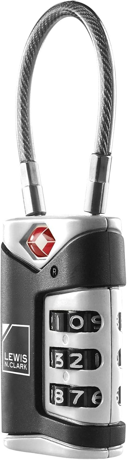 Lewis N. Clark TSA-Approved Easy-to-Set Combination Luggage Lock with Steel Cable, Black, Black, Taglia Unica