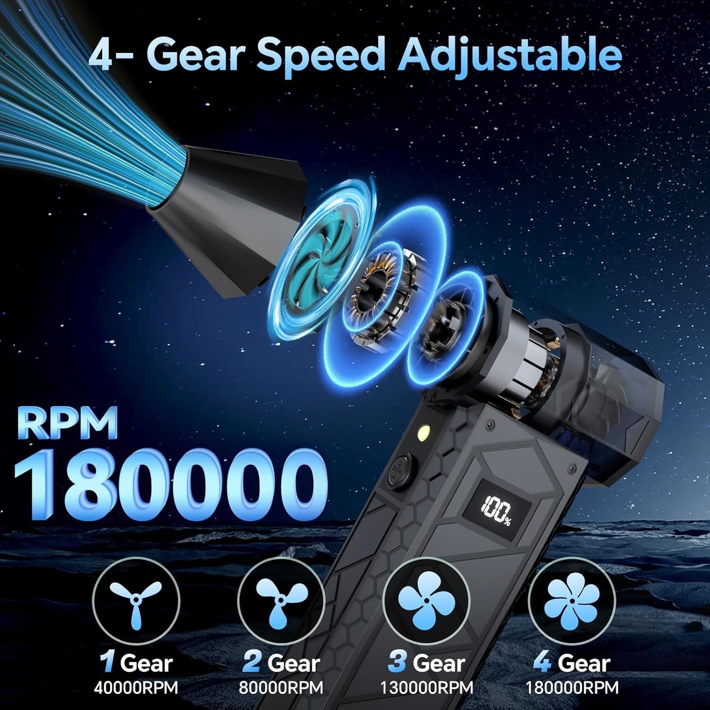 10000mAh Compressed Air Duster with Two LED Light-180000RPM Electric Mini Blower, 4-Gear Adjustable Air Blower Rechargeable Cordless PC Cleaning Kit for Keyboard, Computer, Car, Snow, Home, Black