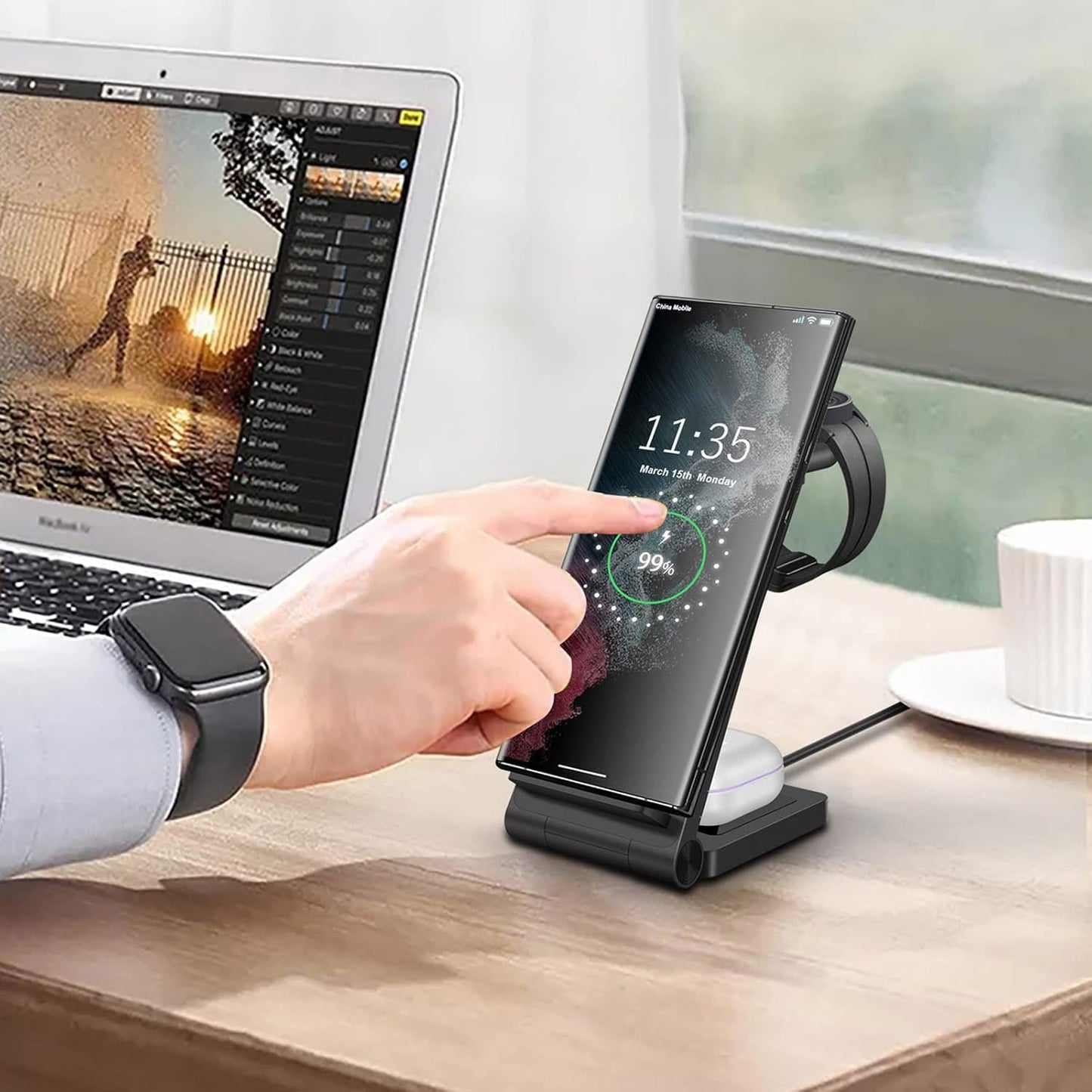3 in 1 Wireless Charger Stand FDGAO Foldable 15W Fast Wireless Charging Station with Adapter for Samsung Galaxy S25 S24 S23 S22 S21 S20 Ultra S10 S9,Note20,Galaxy Watch 7/6/5 Pro/4/3,Galaxy Buds2 Pro