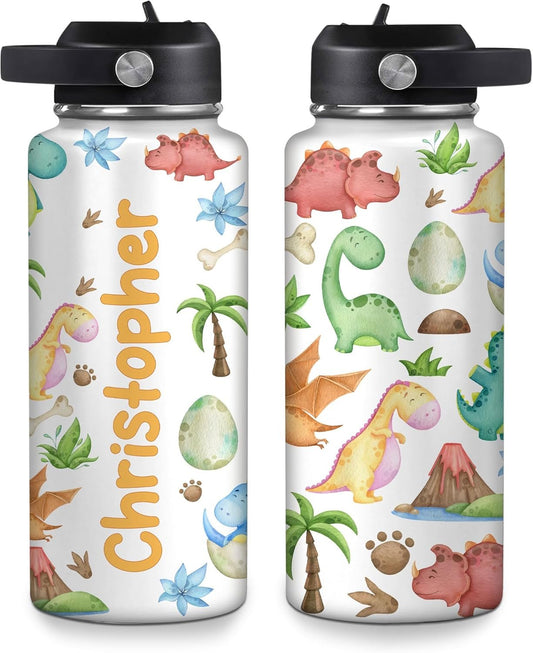 Hyturtle Personalized Dinosaur Water Bottle, Customized Name Dino Stainless Steel Insulated Sports Bottles Drinking Cups For Kids Toddler Boys Girls Back To School Cup With Lid 12 oz 18 oz 32 oz