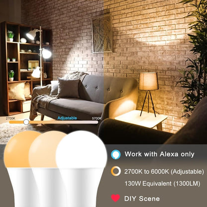 Alexa Light Bulb 130W Equivalent, Smart Light Bulbs Warm White to Daylight Tunable, A19 E26 Bluetooth LED Bulbs for Bedroom Kitchen Living Room Office（4 Pack）