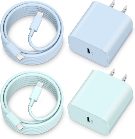 20W iPhone Charger, 2-Pack USB C Wall Charger Block PD Power Adapter Plug with 6FT Type C to L Cable Charging Cord for iPhone 14 13 12 11 Pro Max Mini Plus, XS XR X 8 7 6, iPad [Blue+Green]