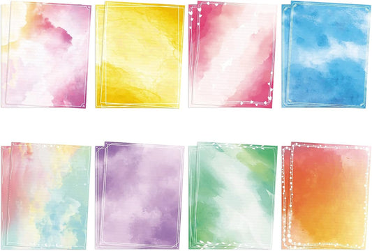 Anzon Mories Watercolor Stationery Paper Set 96 Pieces (Lined) Double Sides Colored 21lb/100gsm Heavy Weight Writing Stationary Paper 8.5” x 11” US Letter Size, 8 Colors Original Design College Ruled