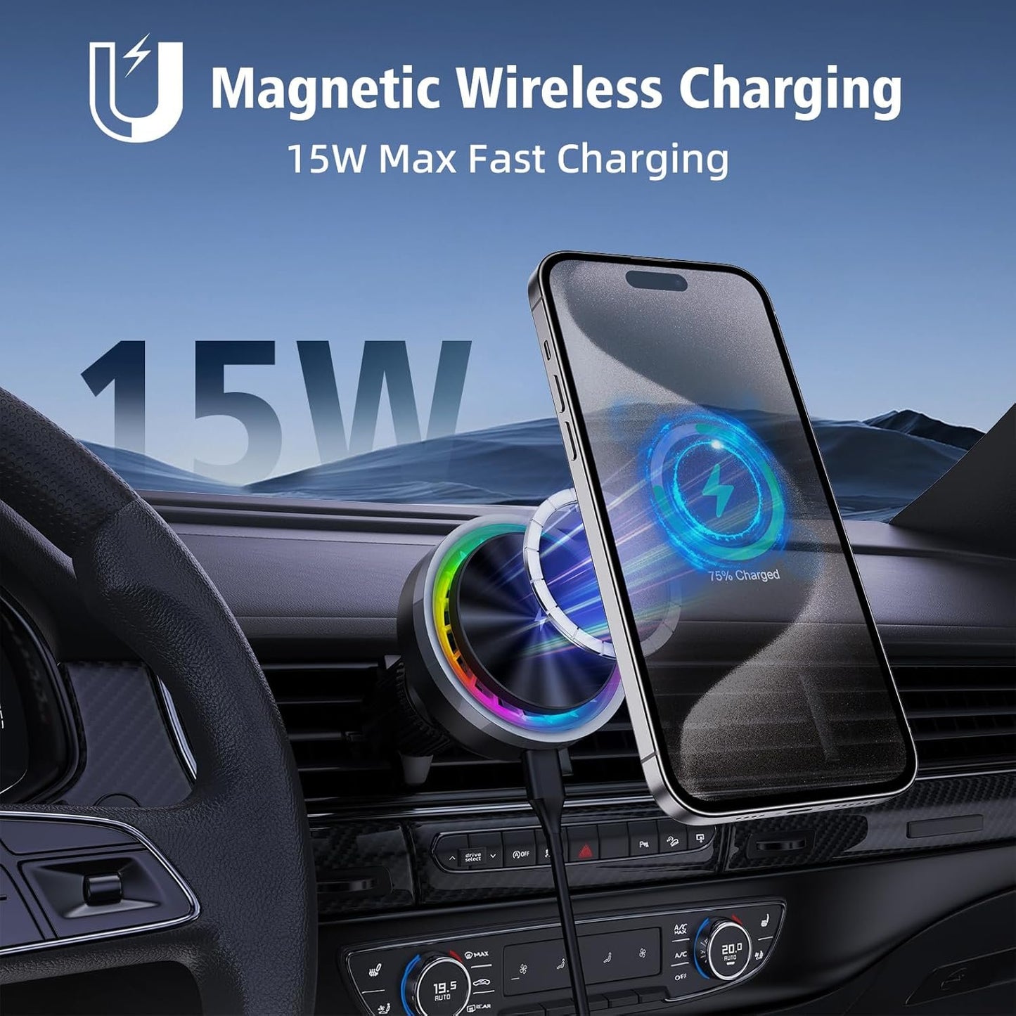 Car Phone Holder Wireless Charger, 15W Magsafe Car Charger with Magnetic Wireless Cooling Fan for iPhone 15 Pro Max 14 13 12 Series (Black2)