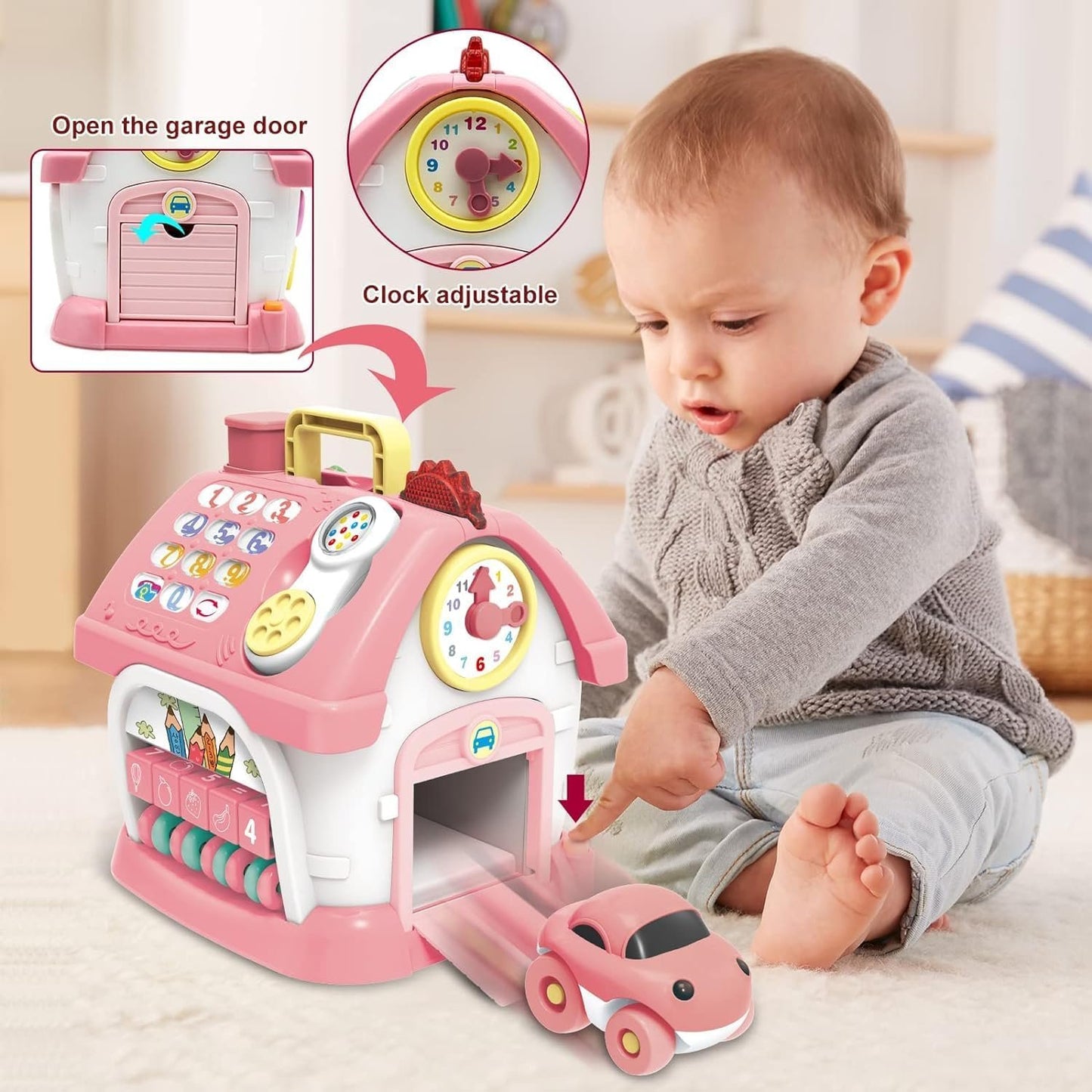 Montessori Toys for 1+ Year Old Girl - Toddler Toys Age 1-2, 8-in-1 Toys with Sound/Lights/Music/Clock/Telephone/Car, Smart Learning Home