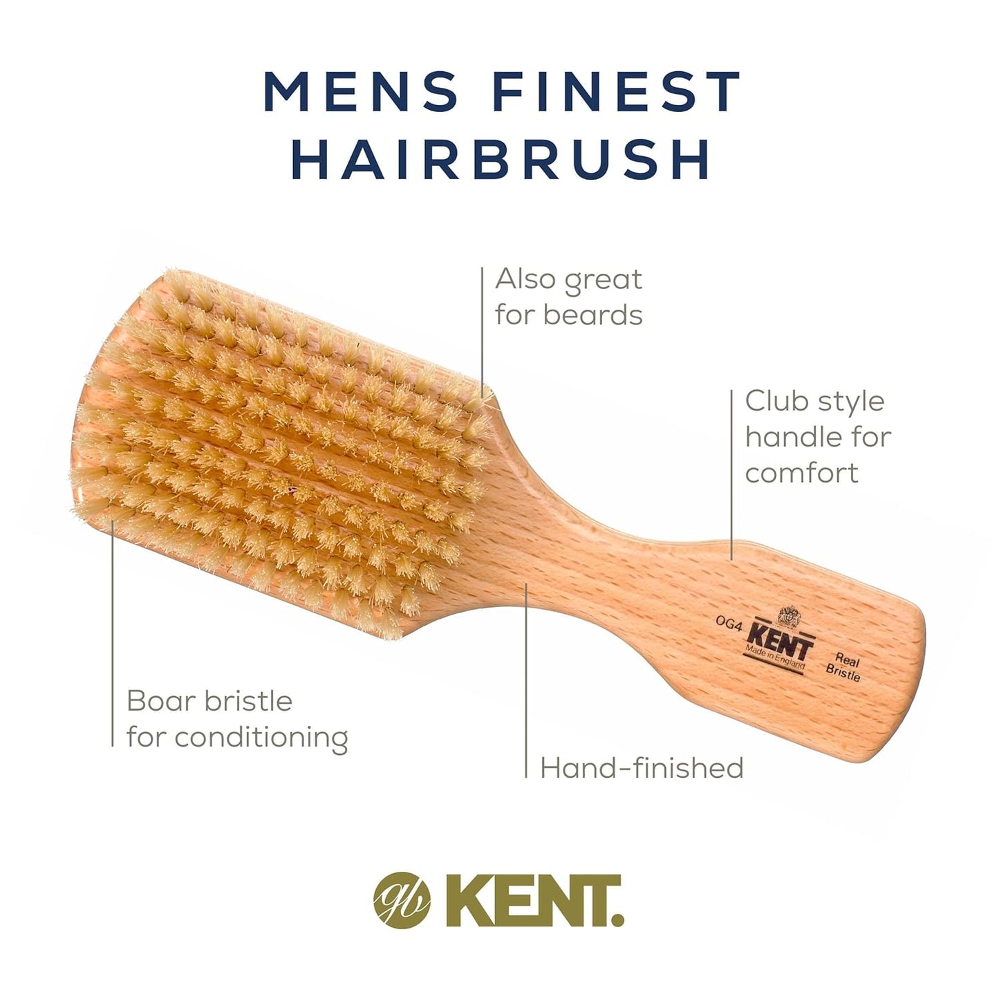 Kent OG4 Rectangular Beachwood Gentlemen's Hair and Facial Brush for Beard Care, Exfoliating Natural Boar Bristle for Men's Grooming, Hair Care, and Beard Straightener