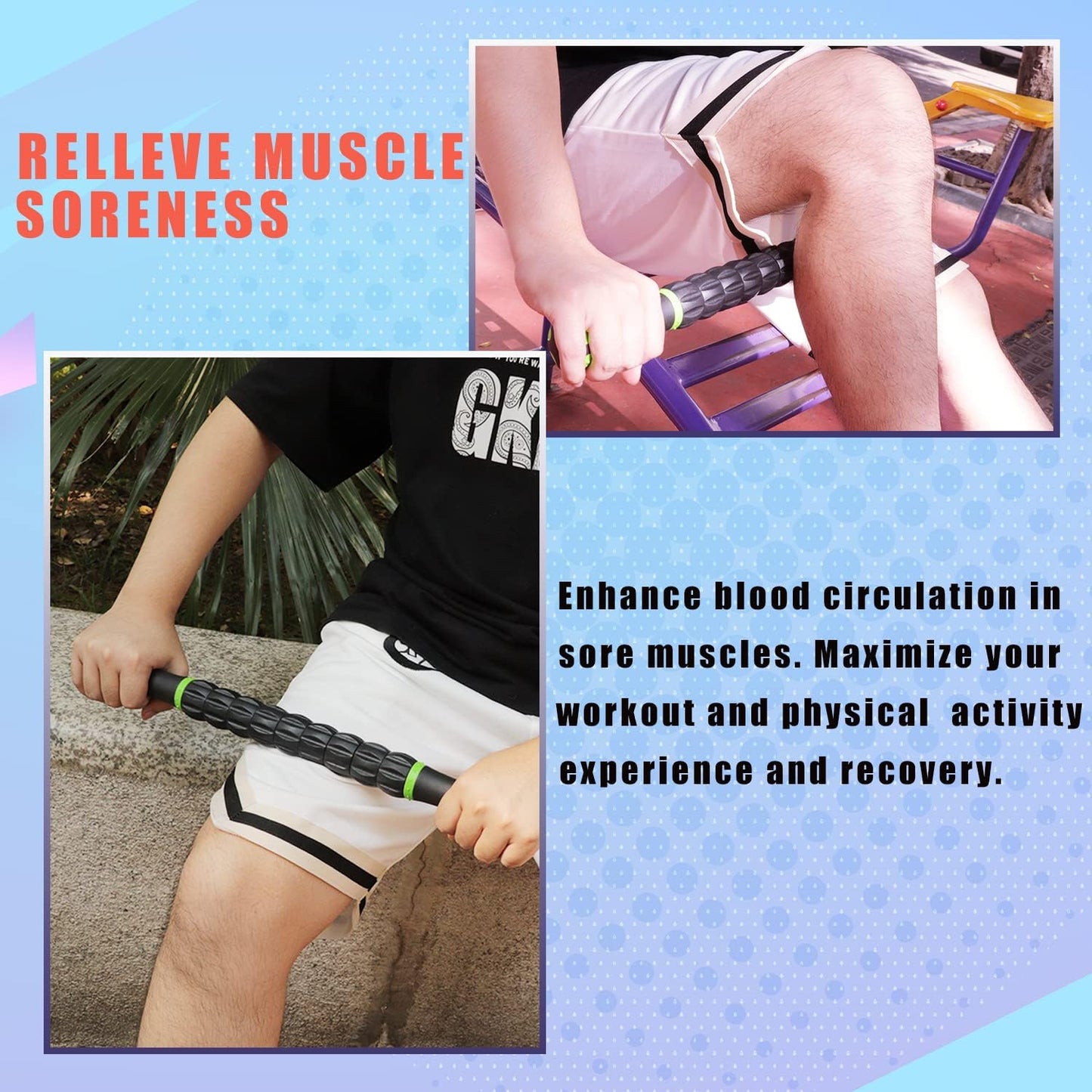 Muscle Roller,Body Tool Massager.Athlete's Rear Leg Massager,Calf Roller with 9 Rollers and Non-Slip Handle for Relieving Muscle Soreness, Cramps and Tightness,Black Green