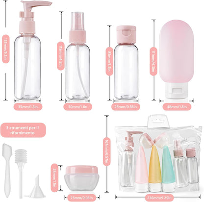 11 x Travel Liquid Containers, 30/50/60/80 ml Travel Liquid Kit, Silicone Travel Kit, for Filling Toiletries, Shampoo, Transparent Spray Bottles, Small Cream Jars