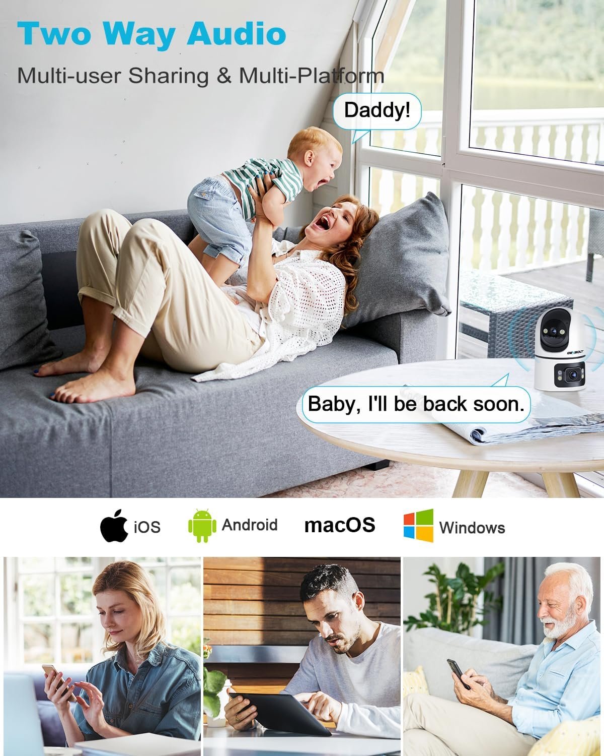 GENBOLT WiFi Security Camera Indoor, 360Â°Dual Lens Home Surveillance IP Camera CCTV with Humanoid Detection, Auto Cruise Nanny Pet Dog Cam, 2.4&5GHz Dual WiFi Baby Monitor with Audio Alarm