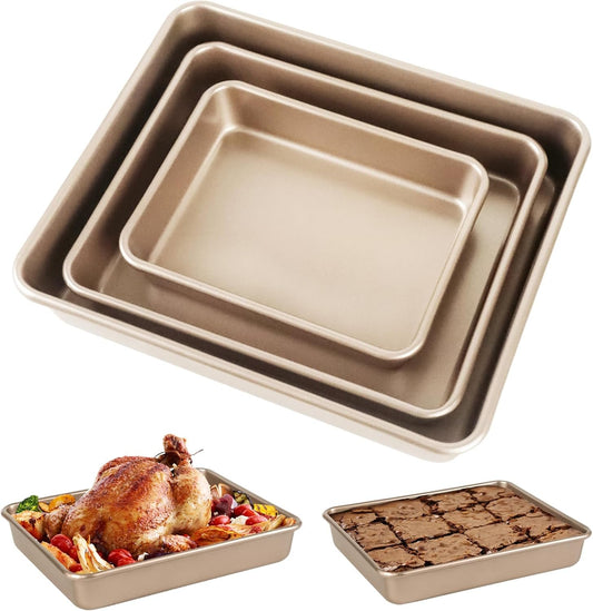 Barlket 3-Pieces Rectangle Cake Pan, Deep Baking Pans Set, Nonstick Roasting Pans Set for Thanksgiving Christmas, 9/11/13 Inch, Toaster Oven Tray Bakeware Set, Lasagna Pan Deep Size, Heavy Duty, Gold