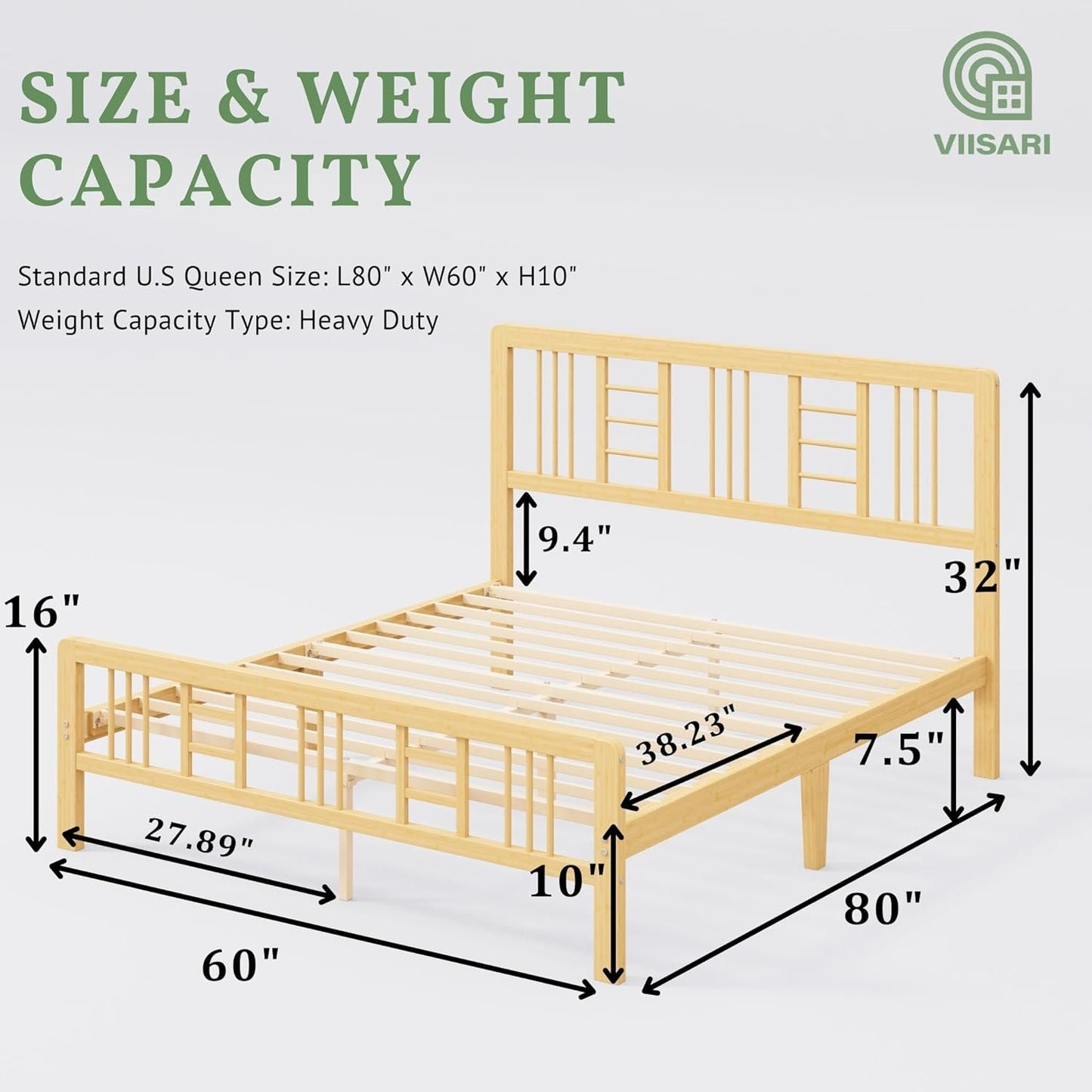 Viisari Bamboo Wood Queen Bed Frame with Headboard and Footboard, 10 Inch Platform Bed Frame Queen Size No Box Spring Needed with Steel Slats, Solid Foundation, Easy Assembly, Ample Under-Bed Storage