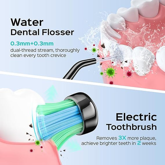 COSLUS Portable Water Flosser and Electric Toothbrush Combo: 2-in-1 Oral Clean Kit for Teeth, Braces, Gums Care - Brushing & Flossing for Adults, Family, Travel Use, BPA-Free, Black, C20 & C41