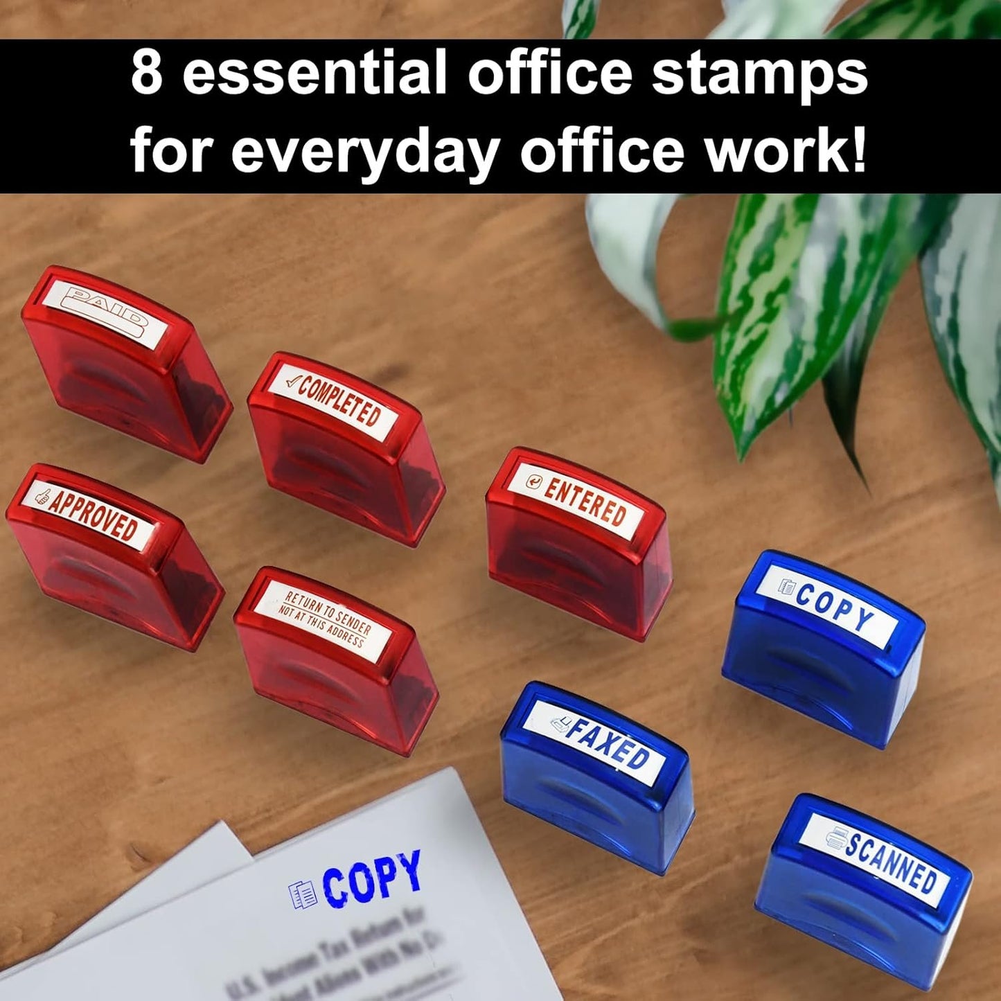 Bertiveny 8 PCS Self-Inking Rubber Stamp Set for Office Stamps Business Stamp Message Account Stamp Paper Work Text Ink Stampers Approved Paid Completed Copy Faxed Scanned Stamps with Plastic Tray