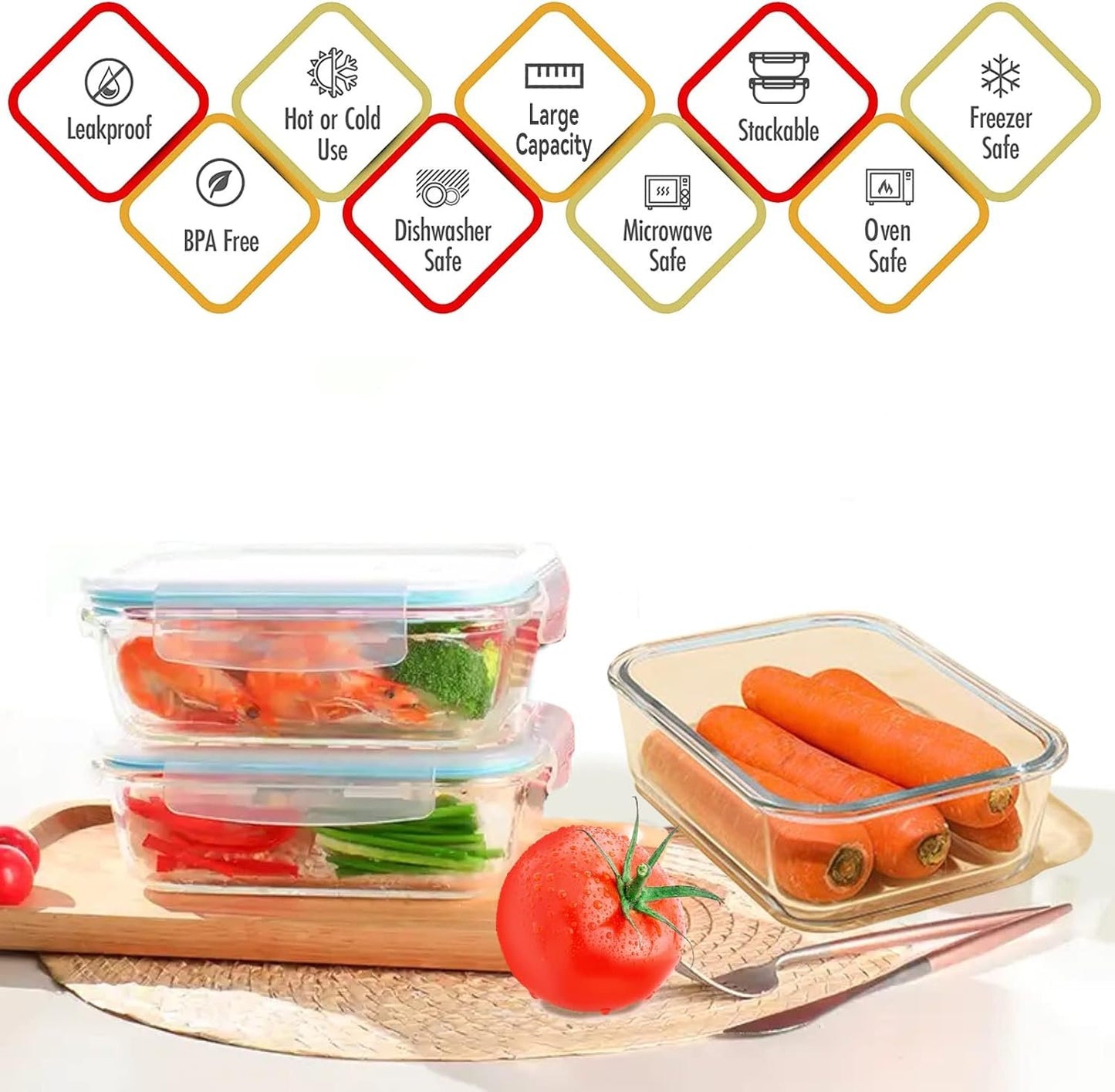 Luvan 2 Pack 1520Ml Large Glass Container Food Storage, Airtight Meal Prep Containers with Lids Lunch Box Set BPA Free & Leak-Proof for Microwave,Oven,Fridge and Dishwasher Safe