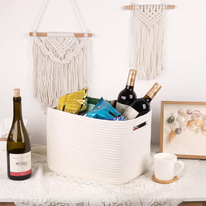 MicroIdeas Woven Storage Basket, Cotton Rope Organizing Baskets for Nursery, Baby Toys, Home Organization, rectangular Bathroom Towel Baskets for Shelves 13*11*9in - Set 3, White