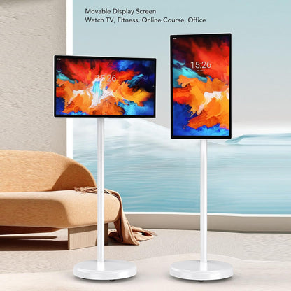 24 Inch Smart Screen Portable TV with Pole Stand & Built in 5MP Camera, 6+128G Movable Touch Display Screen for Live Streaming, Home Entertainment (US Plug 100 to 240V)