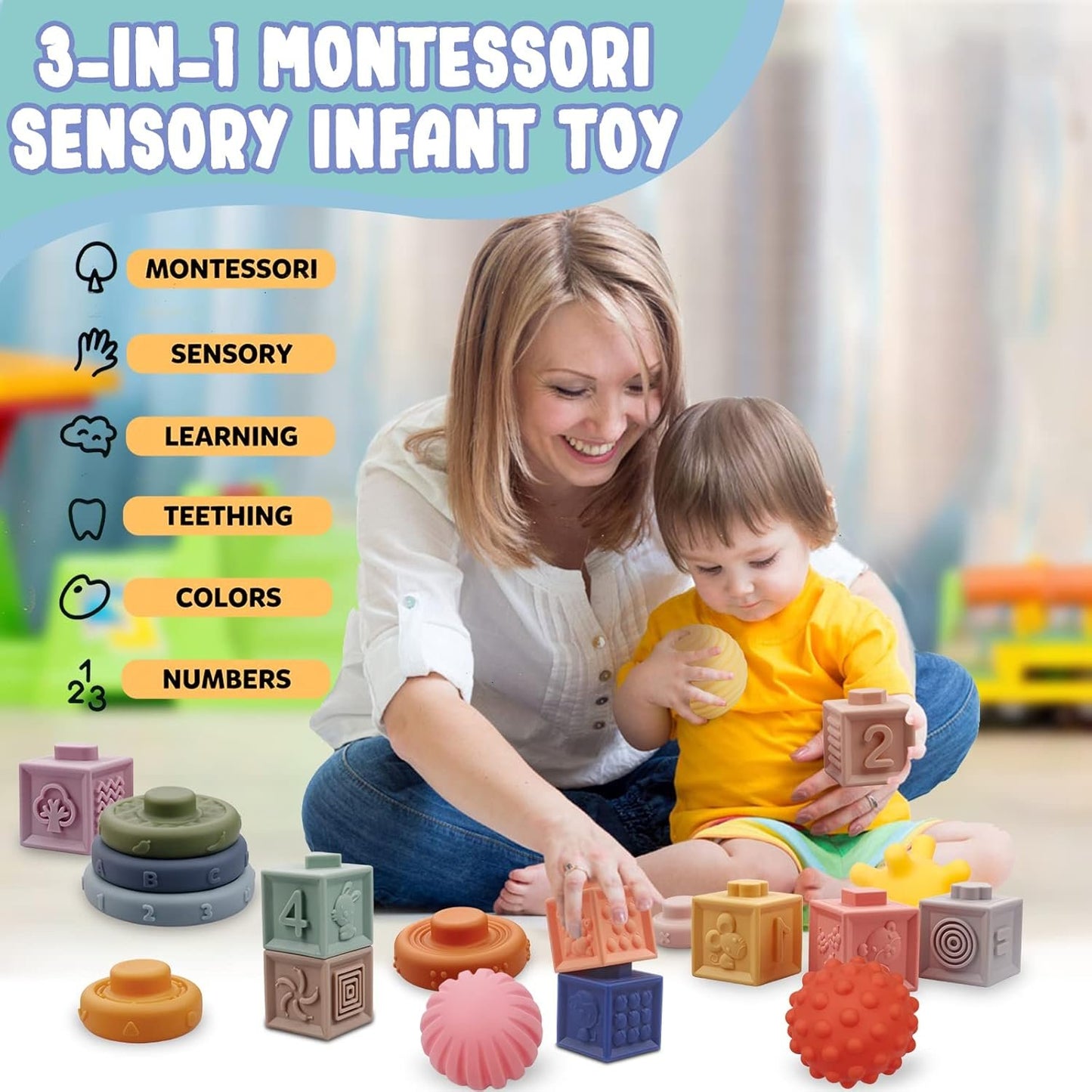 Plunack Baby Toys 6-12 Months Montessori Sensory Toys for Toddlers 3 in 1 Stacking Building Blocks Soft Infant Teething Toys Educational Learning Toys for Babies 3-6-9-12 Months Boys Girls