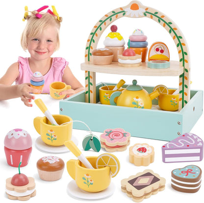 Wooden Tea Party Set for Little Girls, Tea Set Toddler Girl Toys, Pretend Play Tea Sets for Toddlers 3-5, Wooden Toys with Cupcake Stand & Play Kitchen Accessories for 3 4 5 6 Years Old Gifts