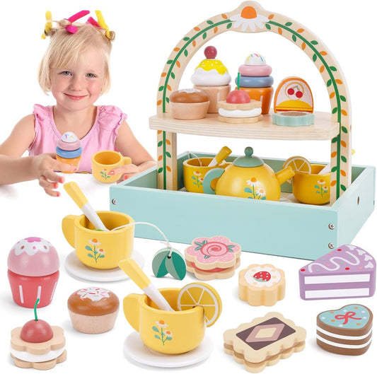 Wooden Tea Party Set for Little Girls, Tea Set Toddler Girl Toys, Pretend Play Tea Sets for Toddlers 3-5, Wooden Toys with Cupcake Stand & Play Kitchen Accessories for 3 4 5 6 Years Old Gifts
