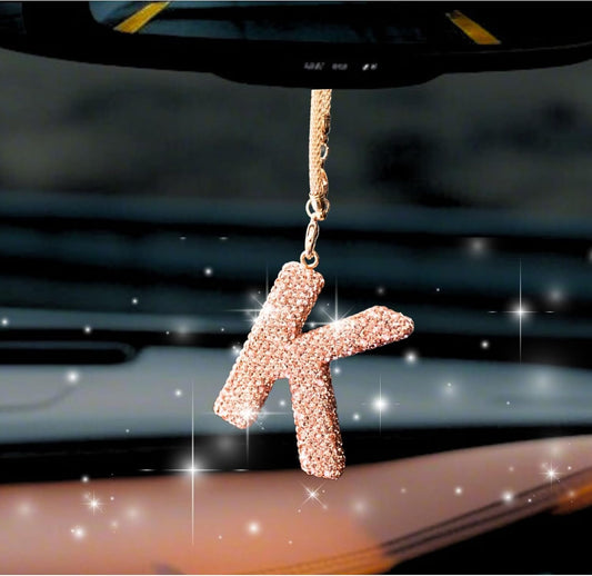 MOTOFITOOL Bling Car Accessories for Women Letter Charm, Rainbow Color Rear View Mirror Cute Crystal Pendant Car Decorations, Lucky Gifts Girly Diamond Rhinestone Charm Interior (K, Champagne Gold)