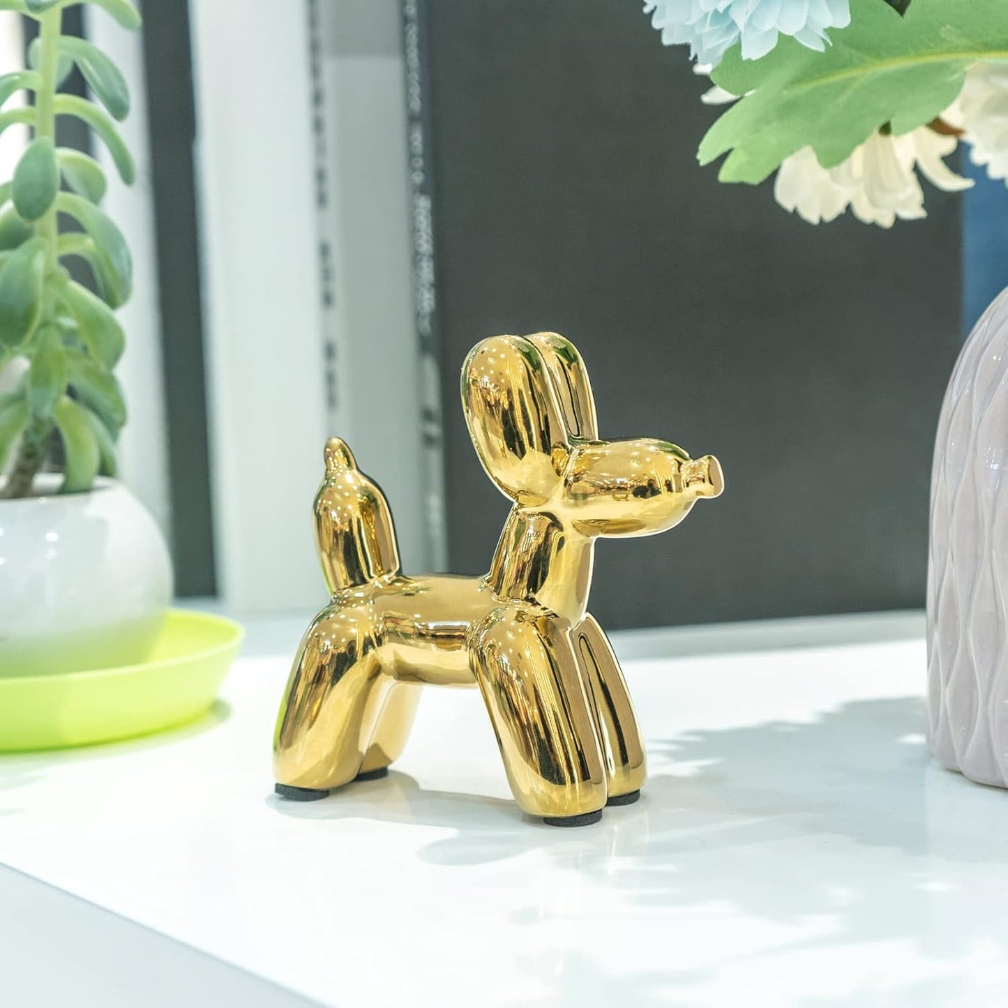 Notakia Cute Golden Electroplating Ceramics Balloon Dog Statue Crafts Living Room Desktop Decorations,Handmade Modern Small Ceramic Animal Statue Ornament Home Decor Accents