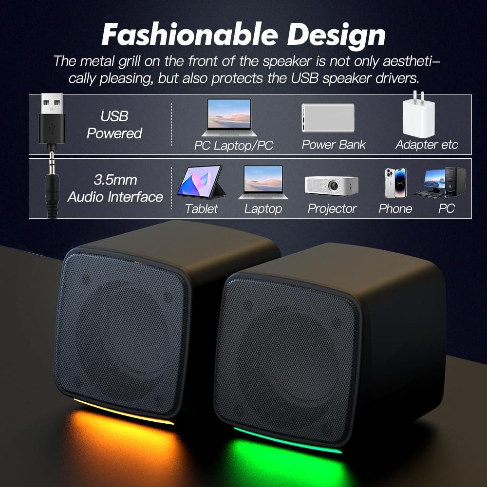 Aysoi PC Speakers, USB Powered Speaker Set, Jack AUX 3.5mm,Portable Mini Speaker for Laptop Smartphones MAC, Colorful RGB Lights