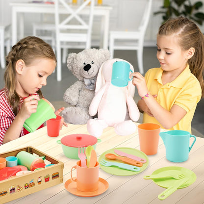 JQLM Pretend Play Kitchen Accessories Toys Set,Plastic Dishes Toy Set Include Plates&Teapot&Cups&Forks& Knife&Carry Basket,Pretend Cooking Accessories,Gifts for 2 3 4 5 6 Years Old Girls Boys Toddler