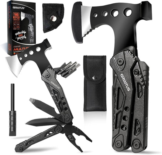 Camping Multitool Accessories Gifts for Men Dad 16 in 1 Upgraded Multi Tool Survival Gear with Axe Hammer Pliers Saw Screwdrivers Bottle Opener Whistle & Portable Sheath for Hiking,Fishing