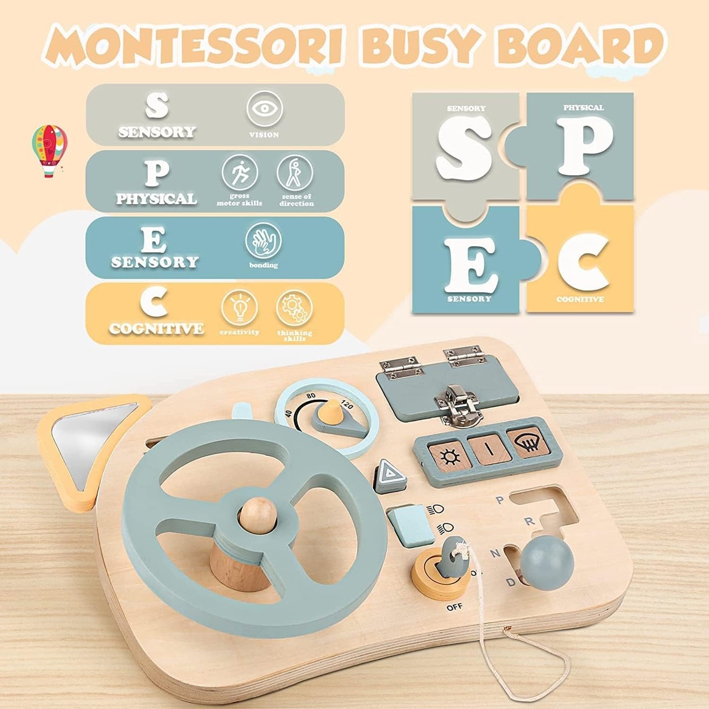 Vanplay Montessori Busy Board Steering Wheel - Wooden Sensory Toys for Toddler 1-2 Year Old Preschool Learning Activities for Fine Motor Skills Toddler Travel Toys for 1 2 3 4 5