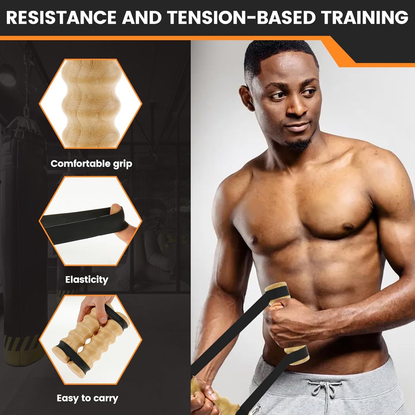 Rip Stick Upper Body Workout Equipment, Wood Exercise Rip Stick with Adjustable Resistance Band, Comfortable Anti Slip Workout Liftstick, Muscle Building Accessories for Home Gym Use