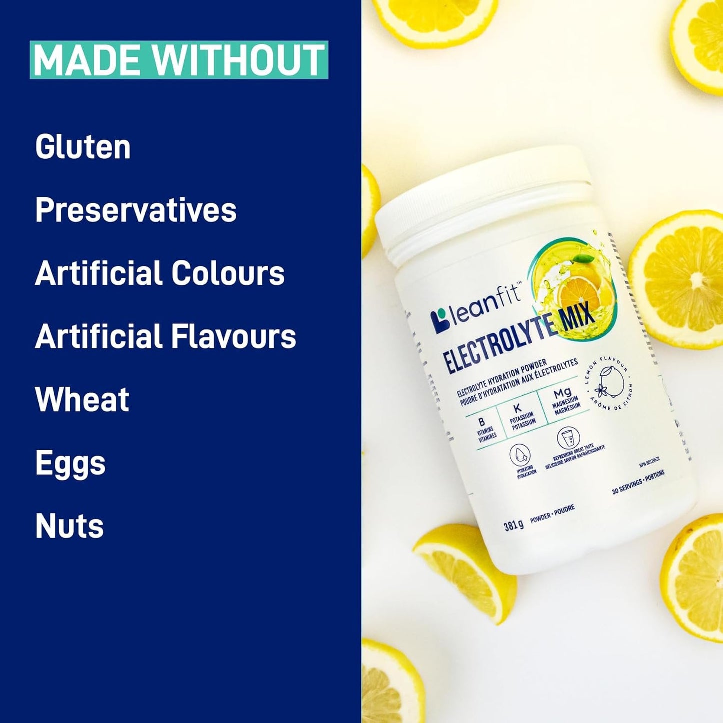 LEANFIT ELECTROLYTE MIX, Citrus Lemon, Electrolyte Hydration Powder Drink Mix, Non GMO, Vegan, Gluten-Free, 30 servings, 381g tub