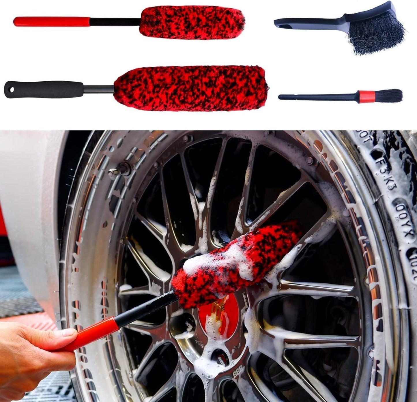 Epzia 4-Piece Car Cleaning Kit, 45cm Long Handle Scratch-Free Car Wash Brush Set with Synthetic Woolies, Detailing Brush & Tire Brush, car accessoriesï¼ŒMetal-Free Automotive Car Detailing Tools