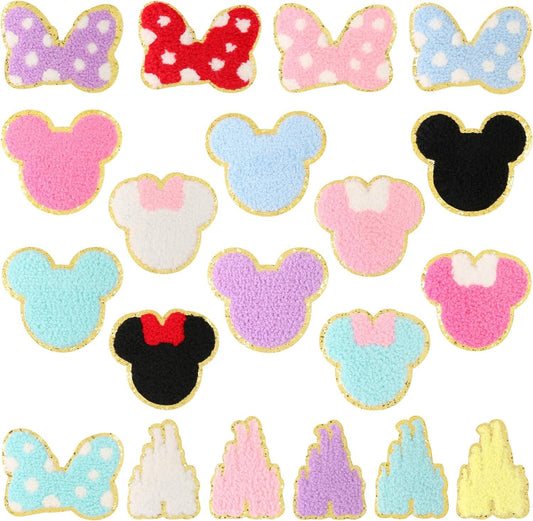 CCOZN 20 PCS Chenille Mouse Head Iron on Patches, Colorful Chenille Castle Bowknot Mouse Embroidered Patches Sew On Embroidered Applique DIY Accessory for Clothing Hats Jackets Backpack Pants