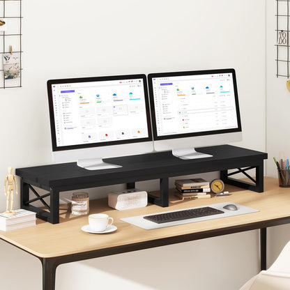 IBUYKE TVT002B 32-60 Inch TV Stand, Low Cabinet for 2 Tiers, Office Desk with Double Screen, TV Cabinet for Living Room and Bedroom, Black