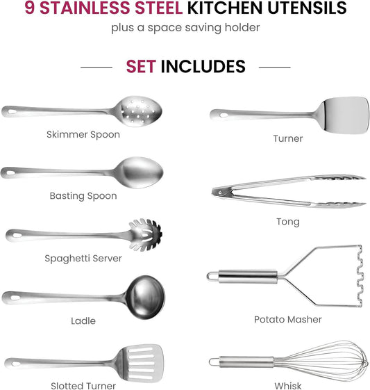Kitchen Utensil Set - 10 Pieces Stainless Steel Kitchen Utensils with Spoons, Whisk, Spatula, Tongs, Ladle, Potato Masher and Kitchen Utensil Holder, Kitchen Accessories, Gadgets and