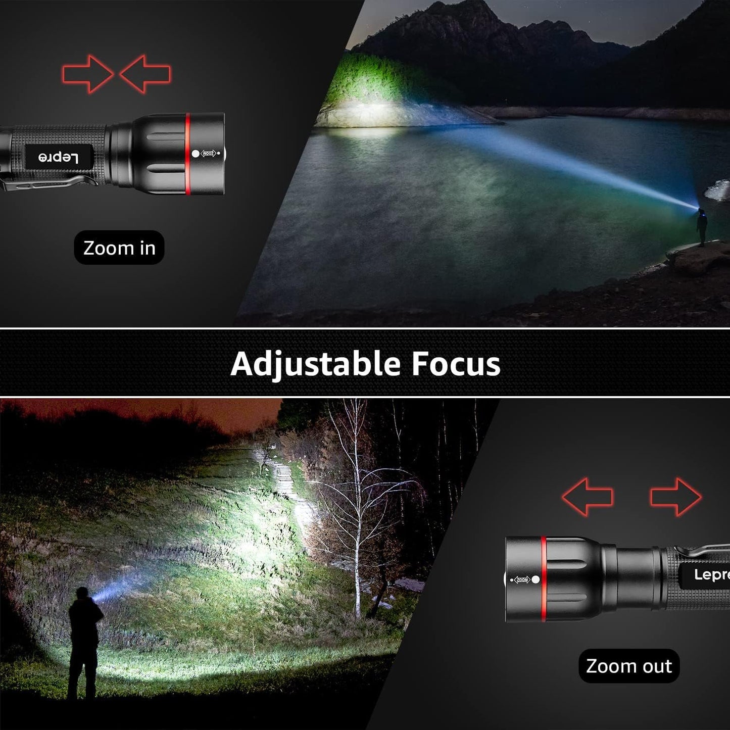 Lepro Tactical Flashlight, Led Flashlight Gifts for Men, 5 Lighting Modes Flashlights, Zoomable, Waterproof, Powered by 3 AAA Batteries, Rechargeable Flashlight for Camping Emergency 2Pack