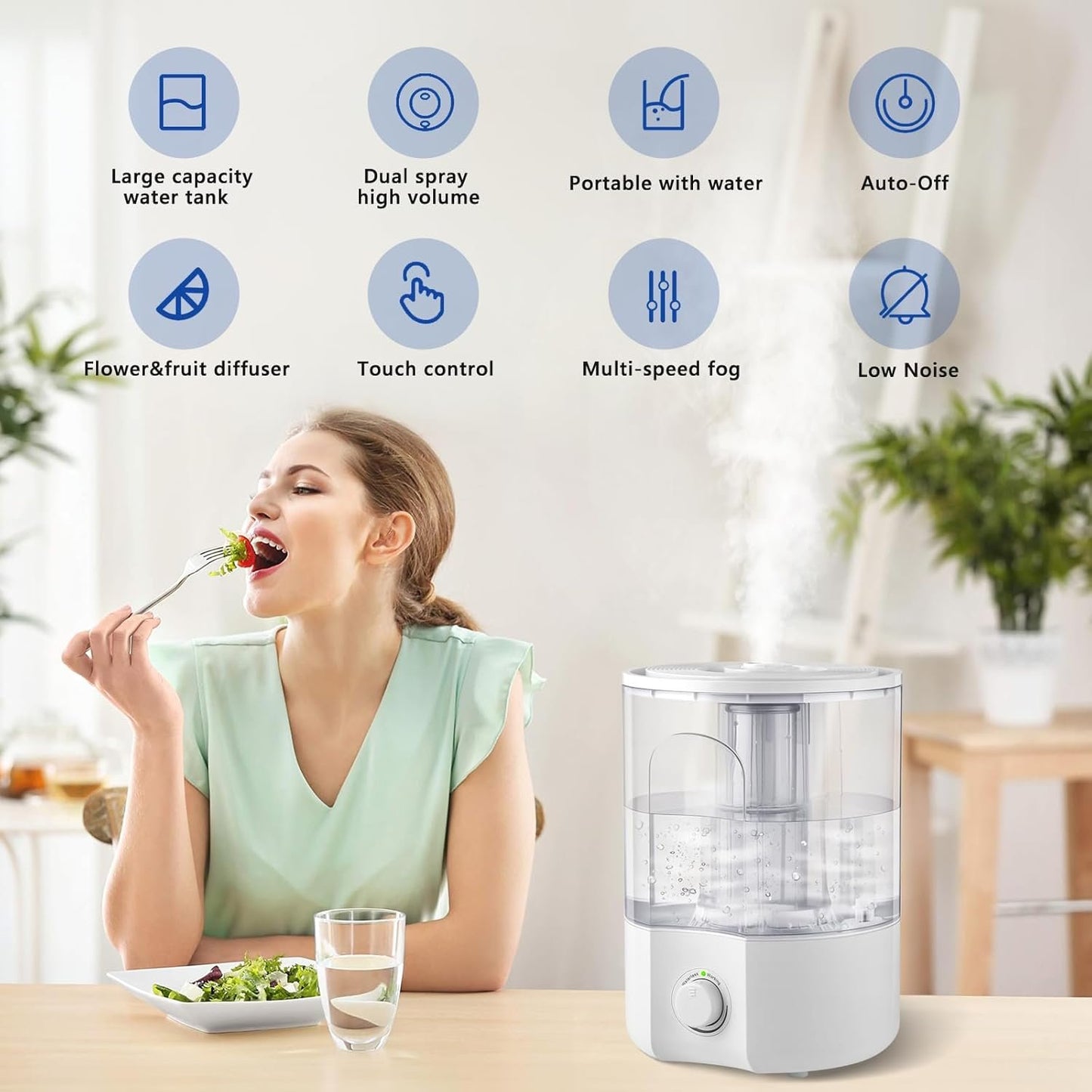 Air Humidifier for Whole House Room, 4L Ultrasonic Cool Mist Humidifier for Large Room, Adjustable 360° Knob, Auto Shut-Off, Aroma Diffuser, Essential Oil Function, Lower Noise, Humidify for Any Room.