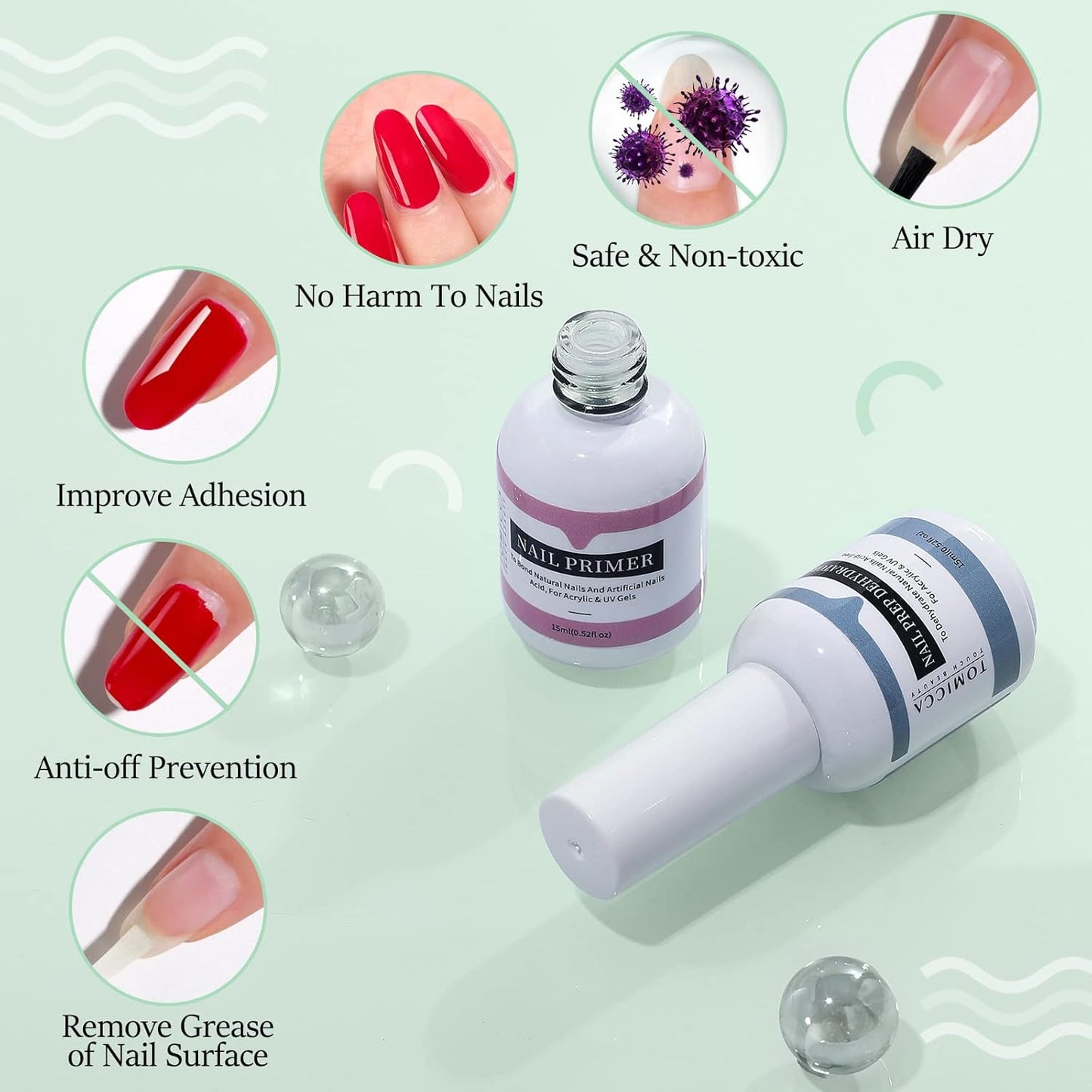 TOMICCA Professional Natural Nail Dehydrator and Primer for Nails 0.5 oz / 15 ml Quick Air Drying for Acrylic Powder and Nail Polish UV Gel Gift Box