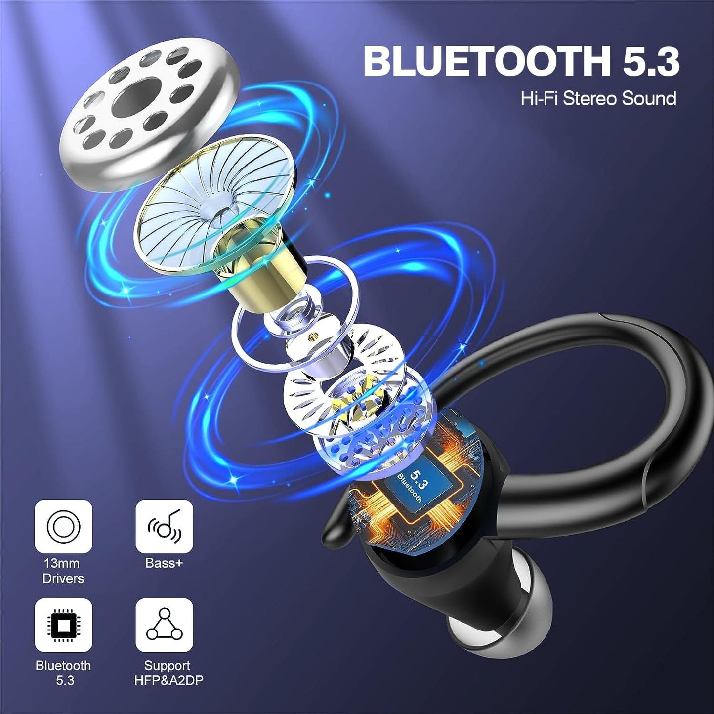 Wireless Earbud Bluetooth 5.3 Over-Ear Sport Headphones Touch Control Hi-Fi Stereo True TWS in Earphones IP6 Waterproof 48H Playback LED Power Display Noise Reduction Headset for Gym