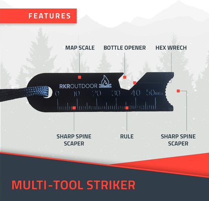 RKR OUTDOOR Ferro Rod Flint Fire Starter Kit with Handcrafted Wood Handle | 12,000+ Strikes | Survival Flint and Steel Rods with Multi-Tool Striker and Paracord Neck-Wrist Lanyard for Your Camping Gear