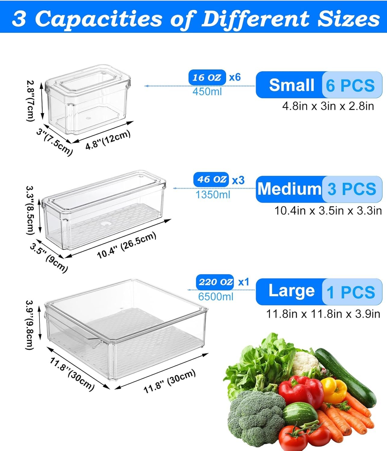 Pure Future 10-Pack Fridge Organizers and Storage - Stackable Refrigerator Bins with Lids, BPA-Free Clear Fruit Storage Produce Saver Containers for Vegetables, Food & Drinks