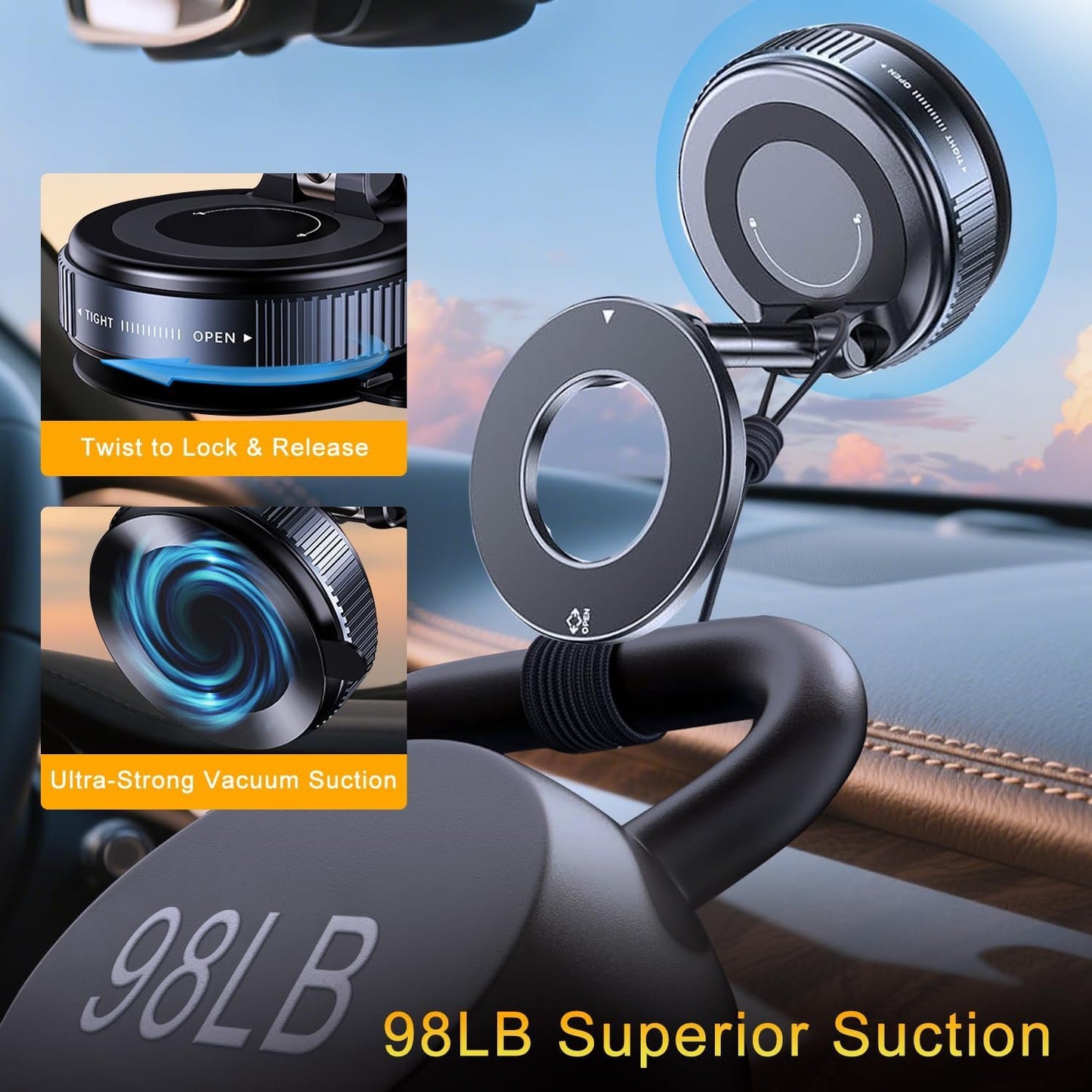 Jkoailiwi 360° Adjustable Vacuum Magnetic Suction Car Phone Holder, Swivel Locking Vacuum Phone Mount, Suction Cup Magnetic Cell Phone Holder Compatible with iPhone 16 Pro Max, Black