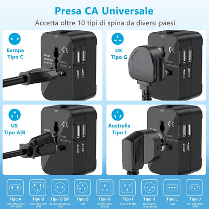 Travel Adapter, Amoner Universal Travel Adapter with 2 Ports USB Charger Suitable for More Than 180 Countries (Black)