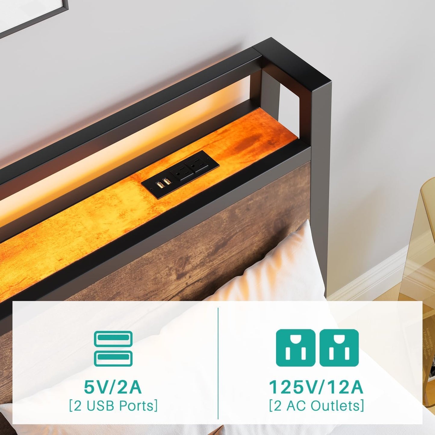 ZGEHCO Full Size Bed Frame with Ergonomic Headboard, Metal Full Bed Frame with Charging Station & LED Lights Double Bed Frame with Storage & Strong Steel Slats,No Box Spring Needed, Rustic Brown