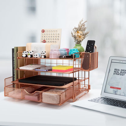 Soilsiu Desk Organizer, Office Desk Accessoreis with Drawer, 4-Tier Dorm Room Essentials for College Students, Pen Holders, Office Supplies Paper File Organizer for Desk, Rose Gold