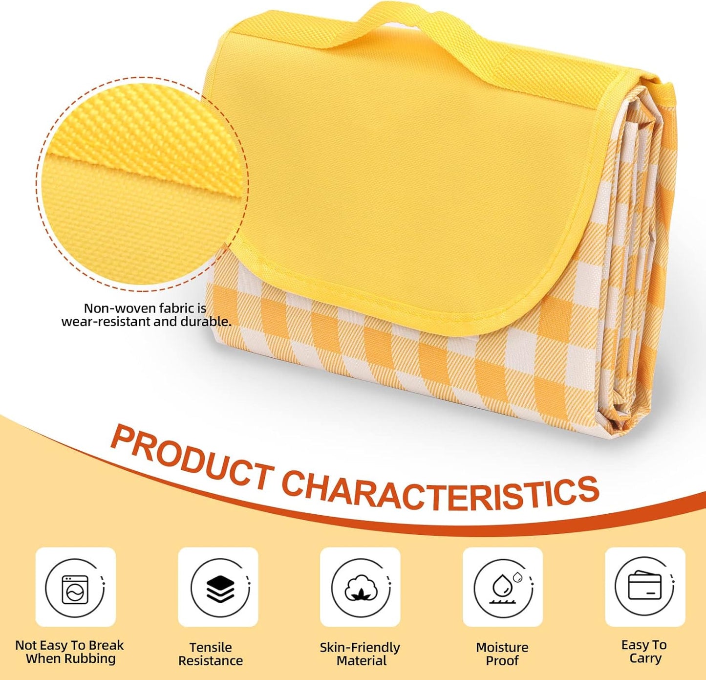 Tanstic Outdoor Picnic Blanket, 79" x 79" Extra Large Waterproof Foldable Beach Mat With Carry Strap for Camping Park (Yellow & White Lattice)